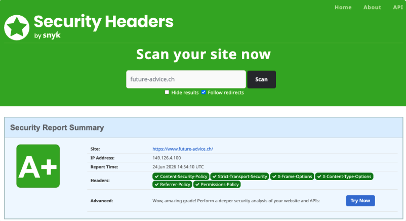 Ergebnis eines Security-Headers-Scans mit A+ und geprüften Sicherheitsrichtlinien.